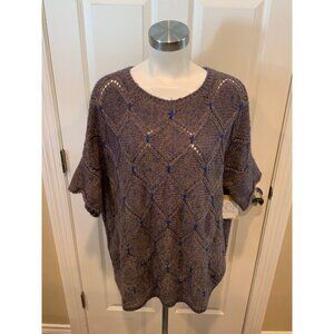 Moth Gray & Blue Diamond Knit Patterned Short Sleeve Sweater,  Size S/M